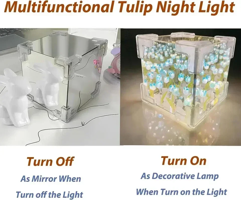 20PCS Tulip Night Light DIY Tulip Flower Mirror Cube Lamp 3D Atmosphere Lamp Handmade Craft Valentines Day Birthday Wedding Gift