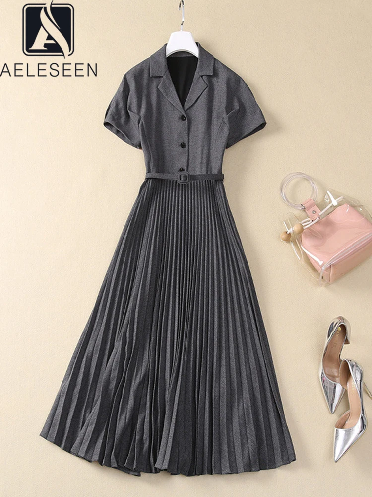 

AELESEEN Office Ladies Summer Shirt Dress Women Turn-down Collar Gray Solid Belt Single-breasted Pleated Long Party Holiday