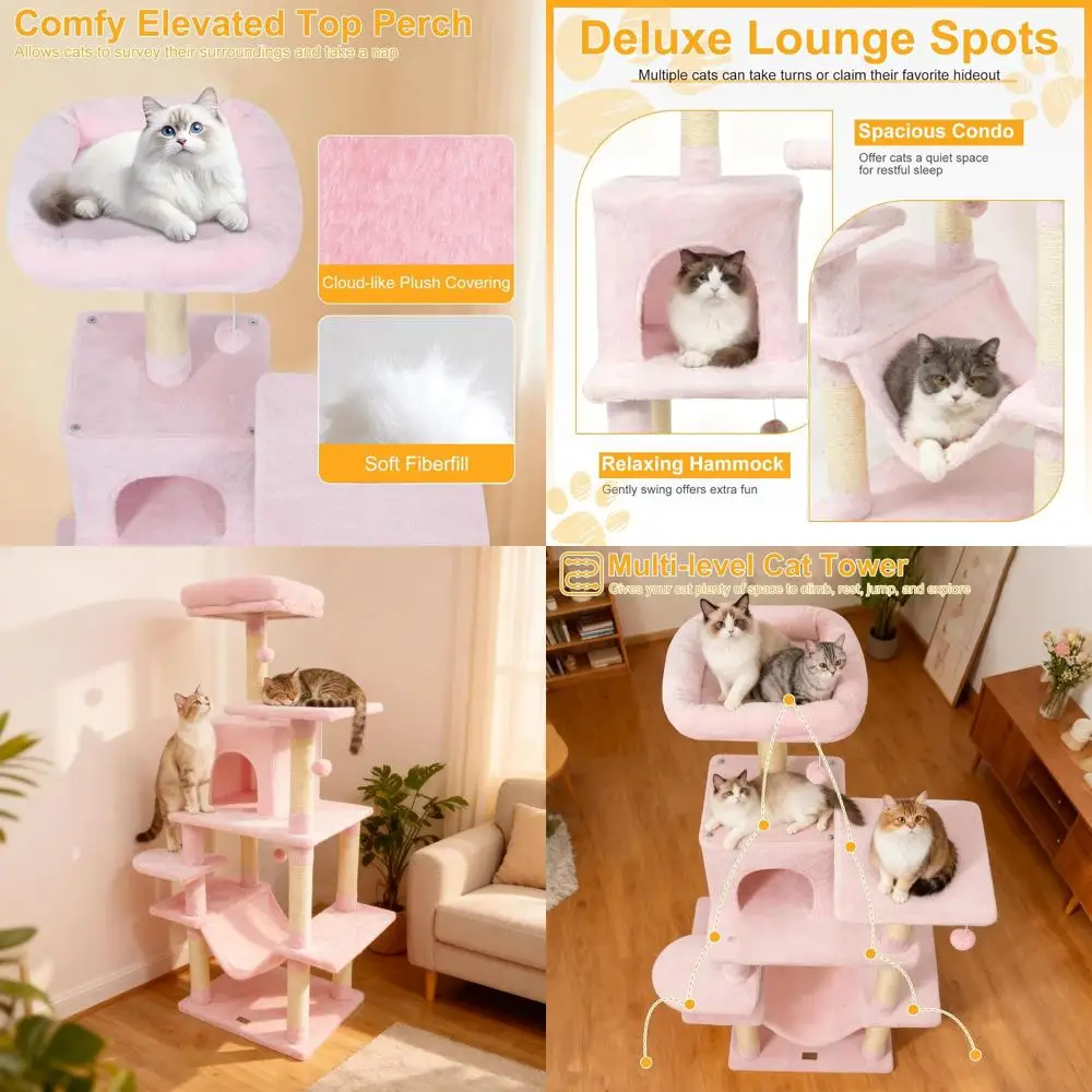 

Indoor 58 Pink Cat Tree with Perch, Condo, Hammock, Scratching Posts, Balls, and Platforms