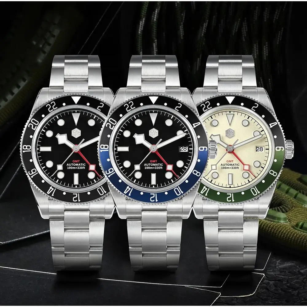 San Martin NH34 GMT Luxury Mens Sapphire Automatic Mechanical Bidirectional Aluminum Bezel Watch 100M Waterproof 3H Date  SN0109