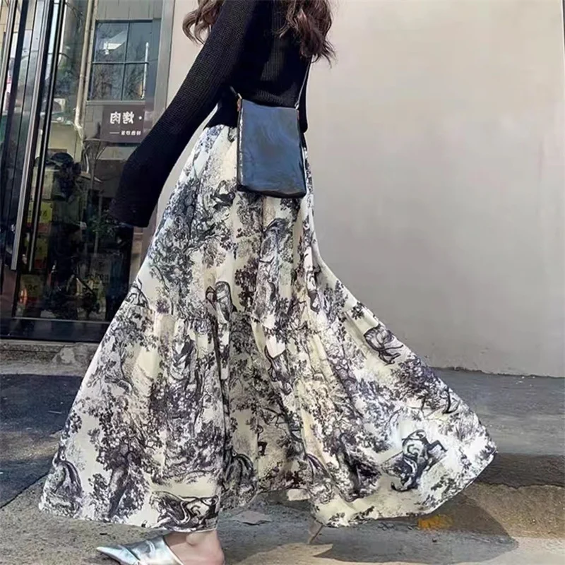 

Ink Painting Printed A-Line Skirts New Spring Summer Elastic High Waist Mid-Calf Skirts Female Casual Holiday Jupe Faldas T931