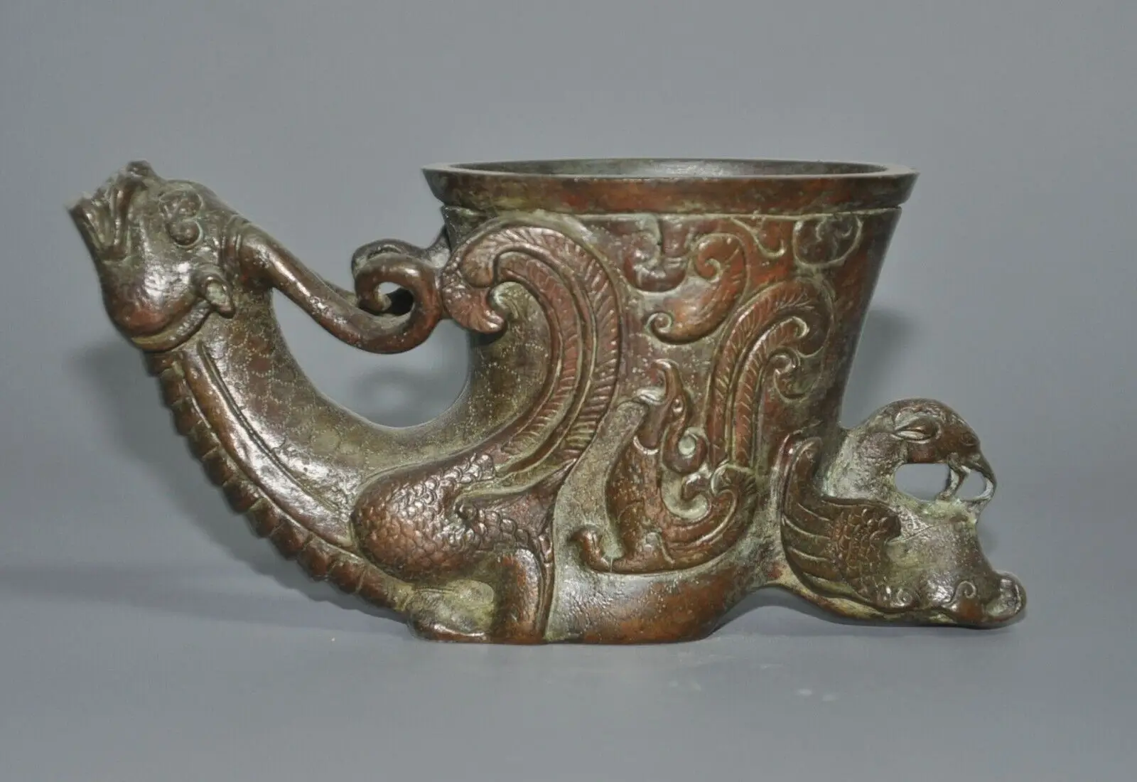 

5.6 inch Collection Old China Dynasty Bronze Fortune Bird Beast Goblet Wine Glass -Natural materials