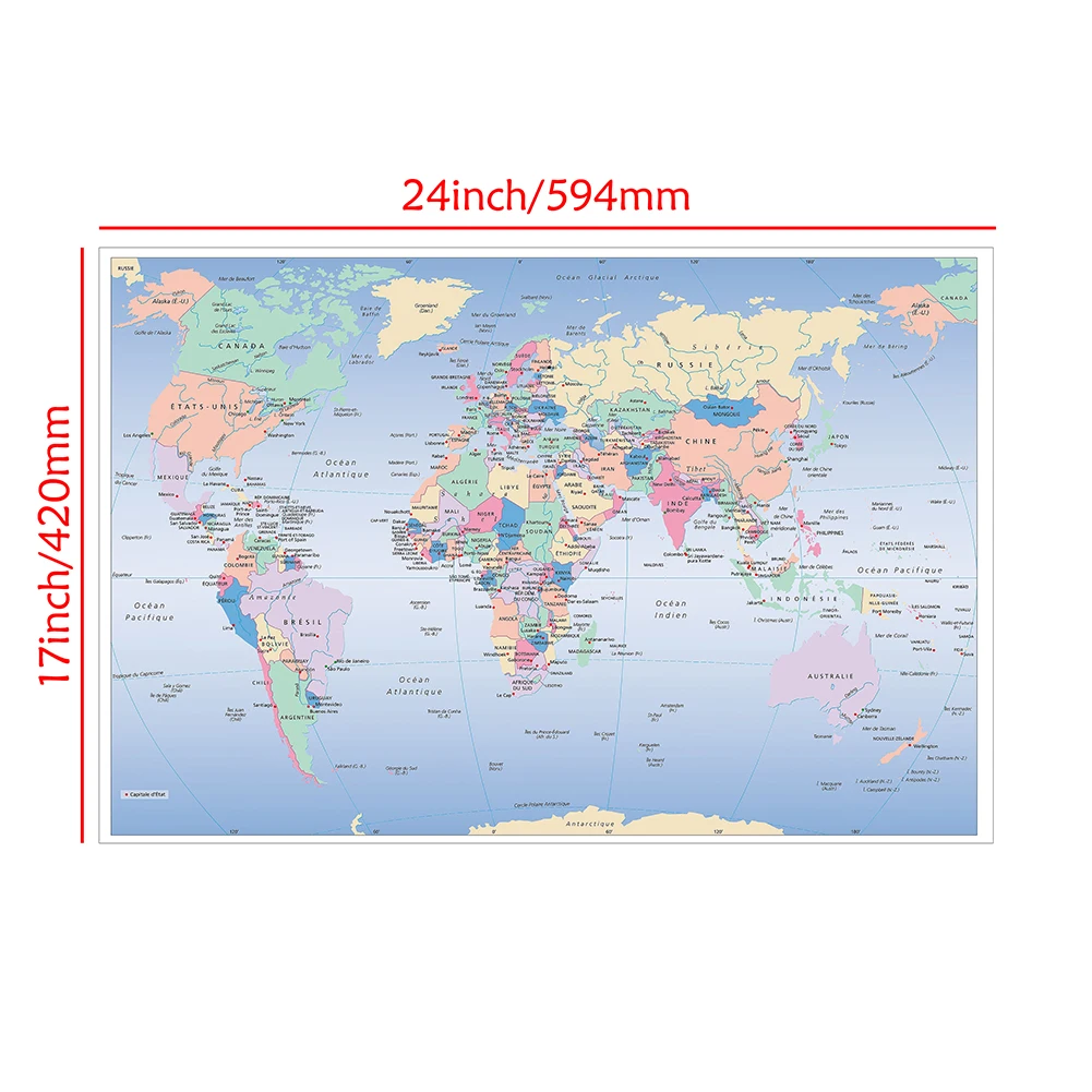 Mapa-múndi do mundo em língua francesa, pôster de lona para escola, decoração de aula, tamanho A2, 59x42cm