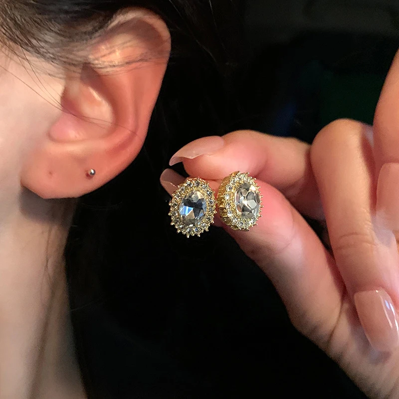 

Real 925 Sterling Silver Full Zircon Oval Geometric Stud Earrings for Women Minimalist Vintage Fine Jewelry Accessories