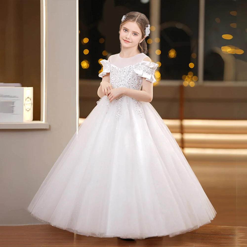 

Girls Sequin Bridesmaid Baptism Dress Vintage Lace White Wedding Princess Party Dress for Kids Elegant Bow Birthday Evening Gown