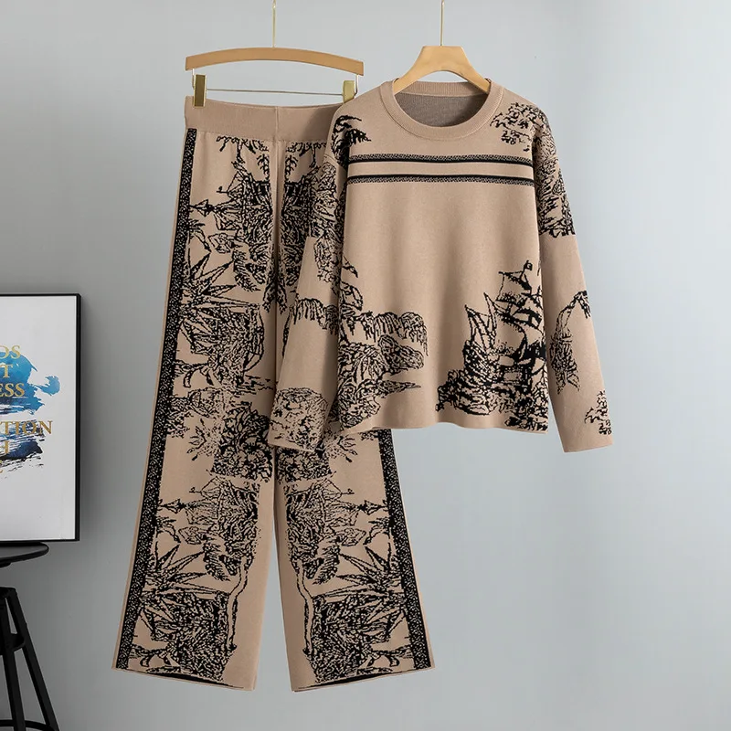 Women's Ink Wash Painting Jacquard Printed Knit Sweater Long Sleeve Pants Crew Neck Comfort Casual Elegant Commute Two Piece Set