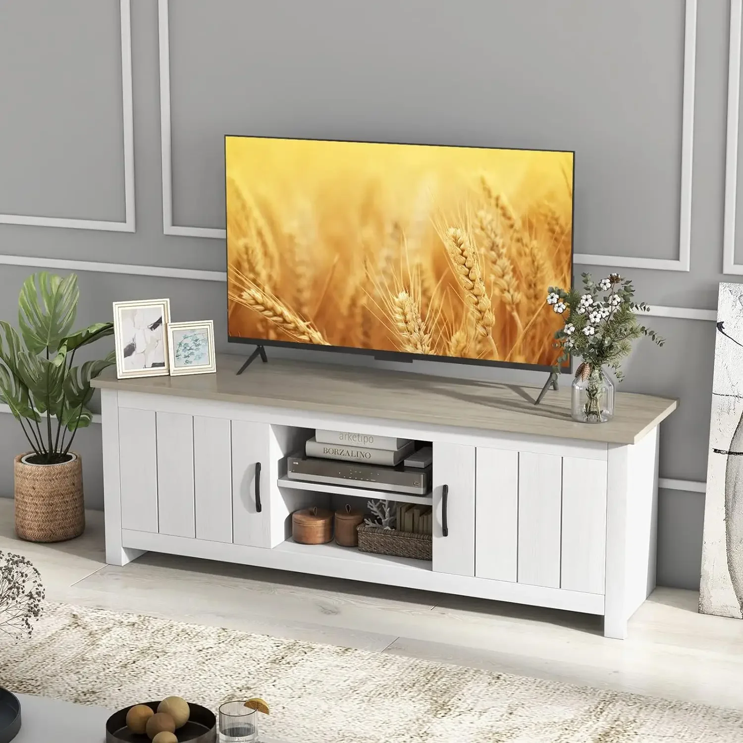 Support TV à 2 portes pour téléviseurs jusqu'à 65 ", table console TV 57" avec 2 armoires et étagères ouvertes, centre de divertissement multimédia, salon