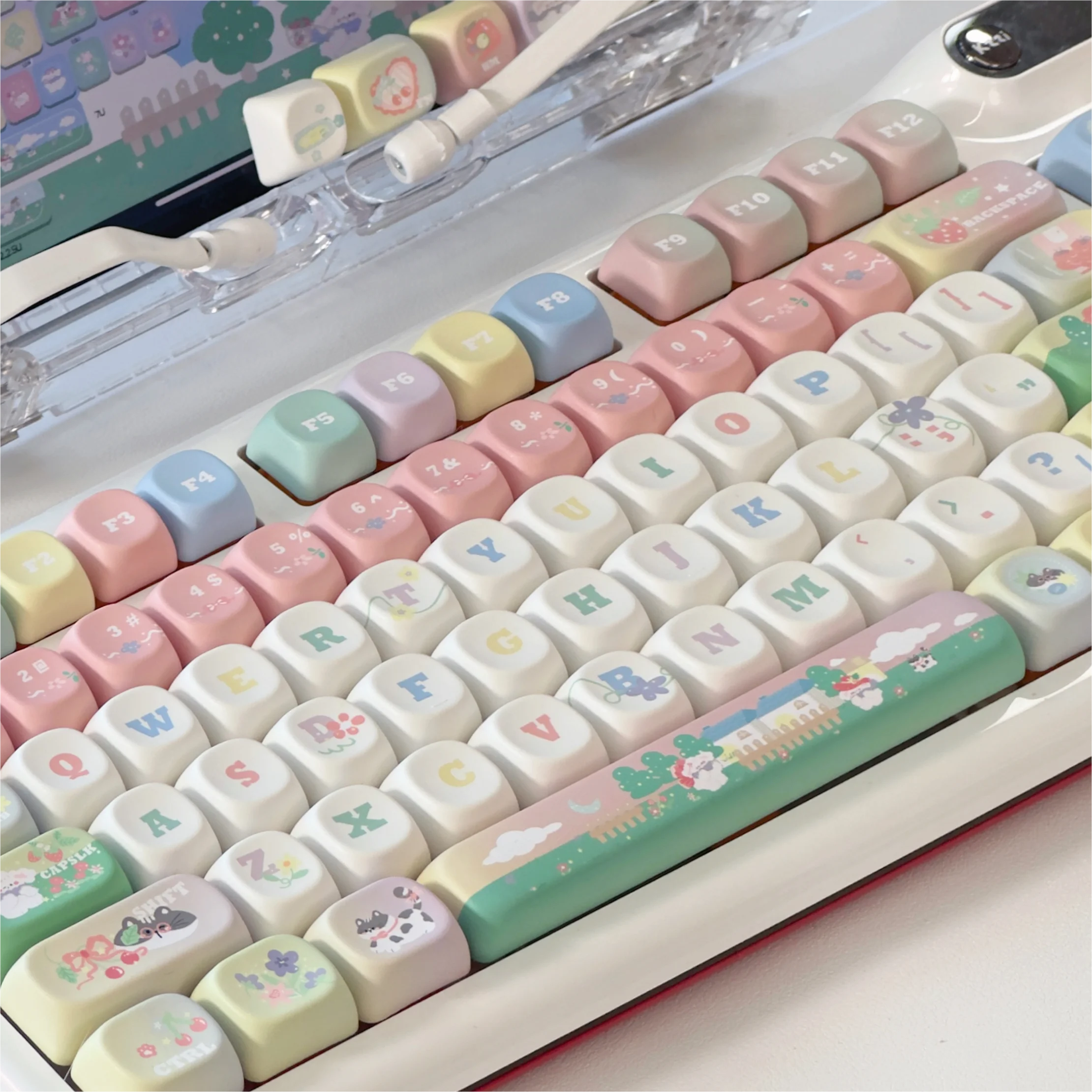 Summer Small Fresh Cheese Raspberry Ice Theme Keycap Set PBT Sublimation XOA Profile Hand-painted Mechanical Keyboard Keycaps