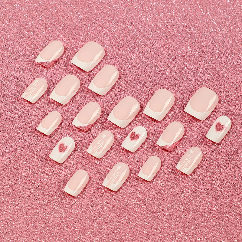 Valentine's Day Fake Nails White Edge French False Nails Glitter Heart Artificial Nail with Jelly Glue Lovely Press on Nail Tips