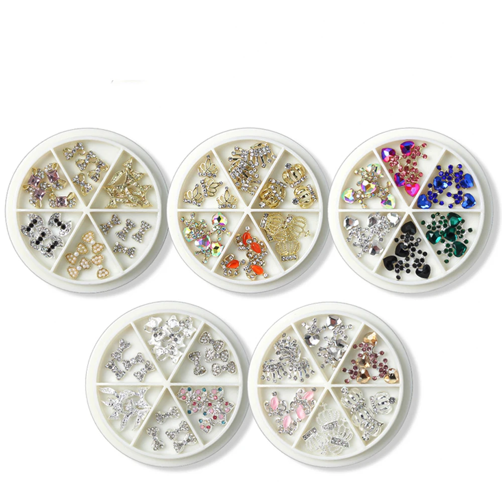 

Mixed In Wheel Nail Charms 6 Grids Rhinestones for Nail Art Designs Crown/Snake/ Bow Crystals 3D Nail Art Decoration Charm Set