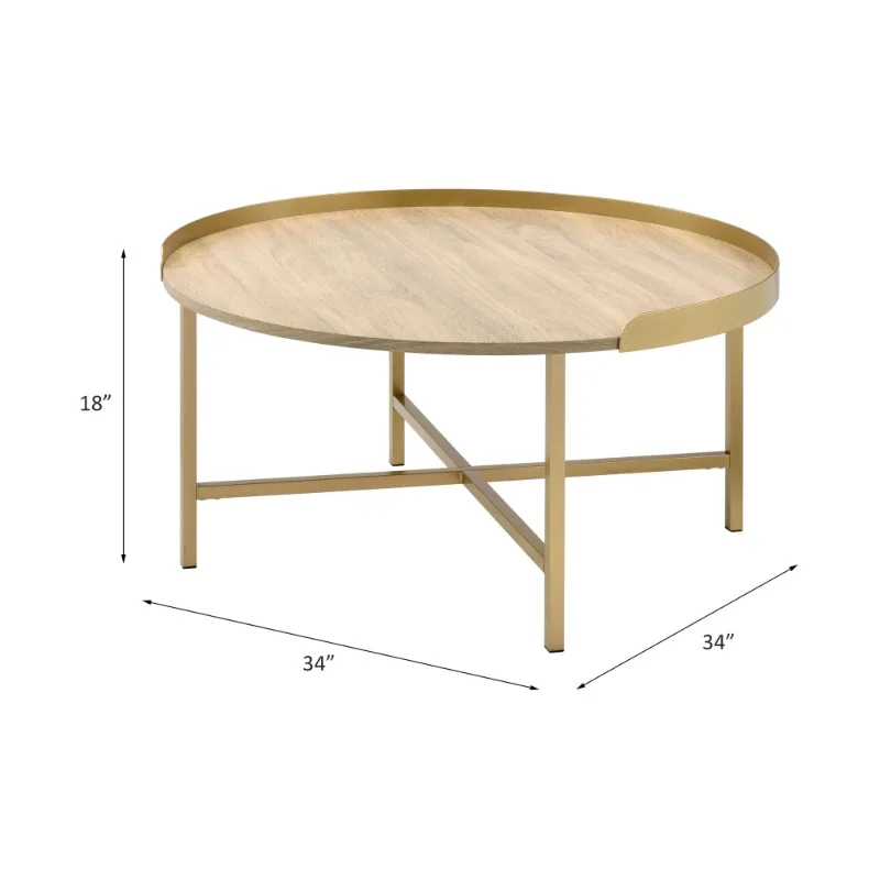Round Coffee Table with Light Wood Top Gold Metal Frame Modern Living Room Center Table Home Furniture for Decor and Daily Use