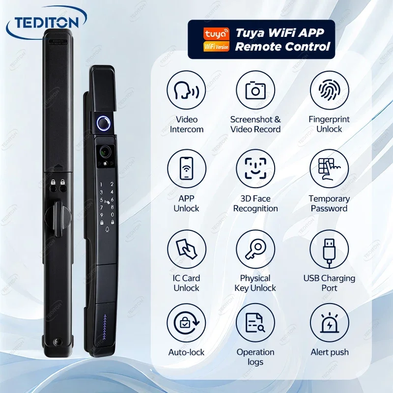 Tediton Tuya IP64 Video Intercom Real Time Smart Life Vertical Face Lock Face Recognition Key Lock