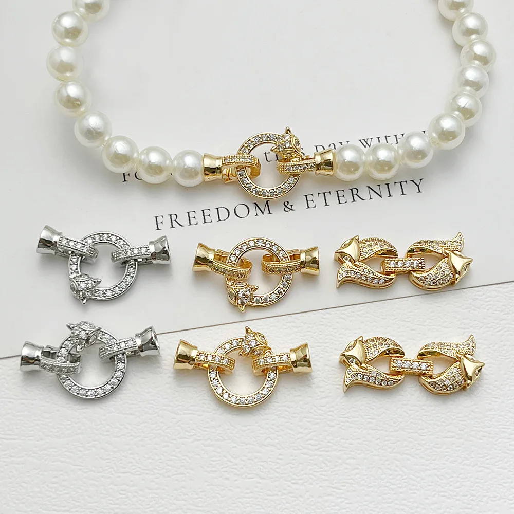 

1pc DIY Jewelry Making 18K Gold Plated Copper Zirconia Fox Pearl Clasp Necklace Connector Handmade Necklace Bracelet Accessories