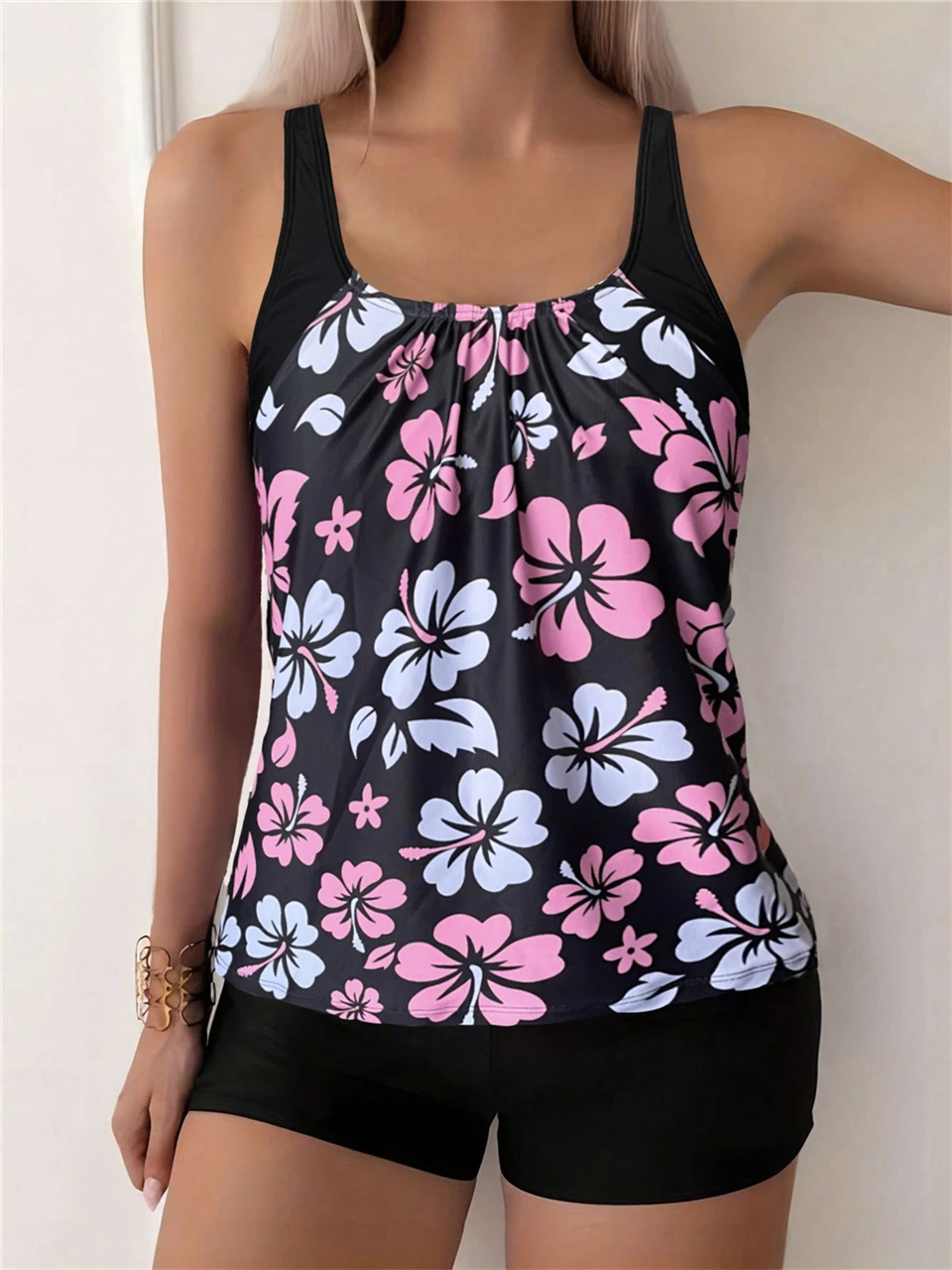 2026 Floral Printed Tankini Set Two Piece Swimsuit Short Women Straped Swimwear Female Bathing Suit Beachwear Swimming Summer