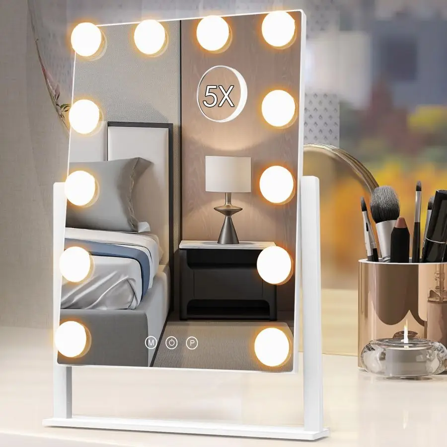 Mirror with Lights, Hollywood Lighted Makeup Mirror with 3 Color Lighting Modes and 12 Dimmable Bulbs, Detachable 5X Magnificati