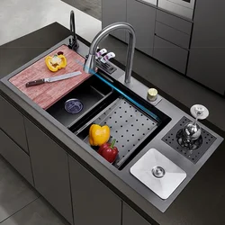 Stainless Steel Kitchen Sink Waterfall Sink with Trash Can Multi -function Large Single Slot Household Wash Basin Washing Pond