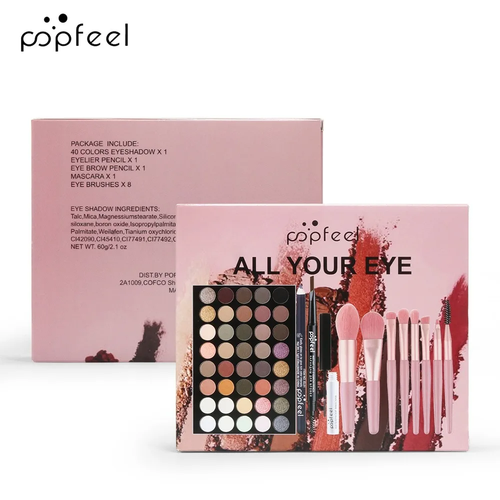 POPFEEL-Ensemble de palette de fards à barrage, eye-blogueur, stylo eye-liner, mascara, pinceaux de maquillage, cosmétiques pour les yeux, 40 couleurs