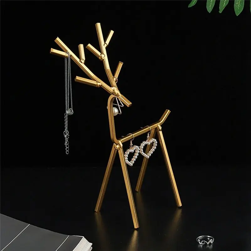 DT19 Deer Jewelry Organizer Stand, Metal Earring Holder for Necklaces Rings, Gold Fawn Display Rack for Bedroom, 23x15x7cm