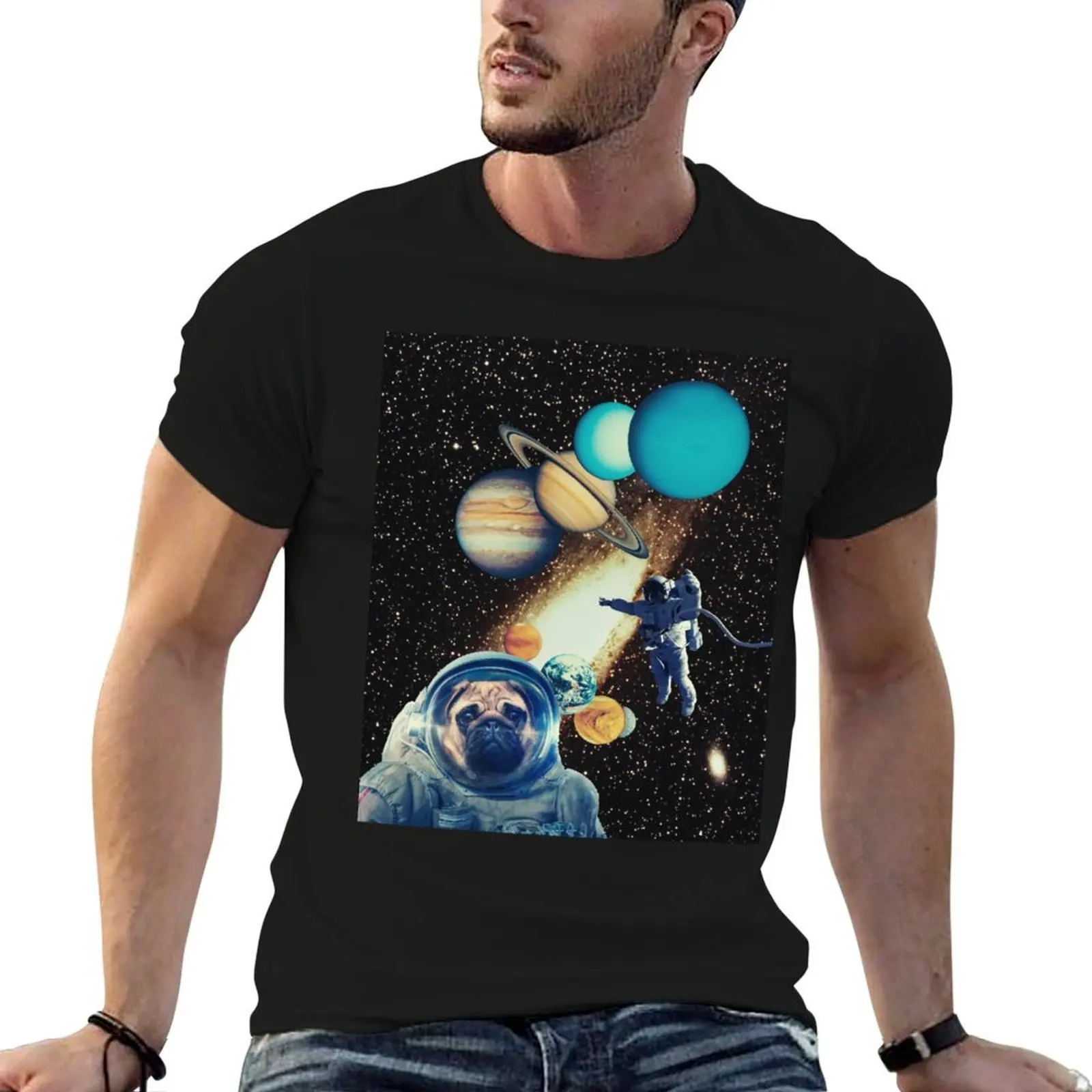 Space pug // dog in space retro futurism collage artwork T-Shirt t shirts for man pack white t shirts designer T-Shirt