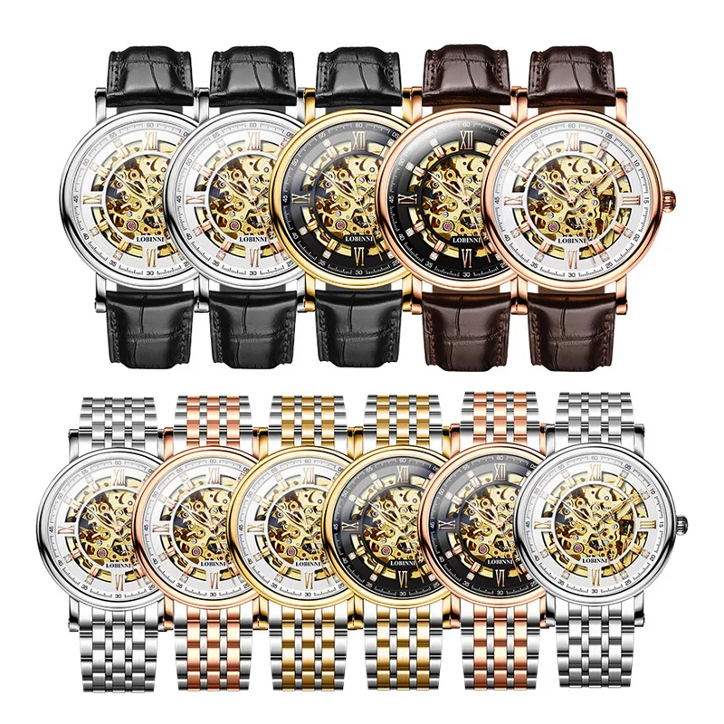 LOBINNI Orologi automatici da uomo d'affari vintage quadrante scheletrato orologi meccanici con cinturino in pelle marrone tono oro rosa