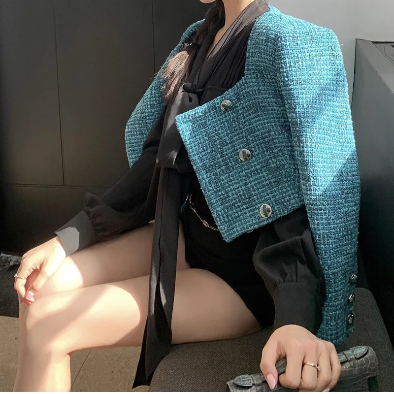 

High Quality Square Neck Blue Tweed Jacket Women Spring Autumn Coats