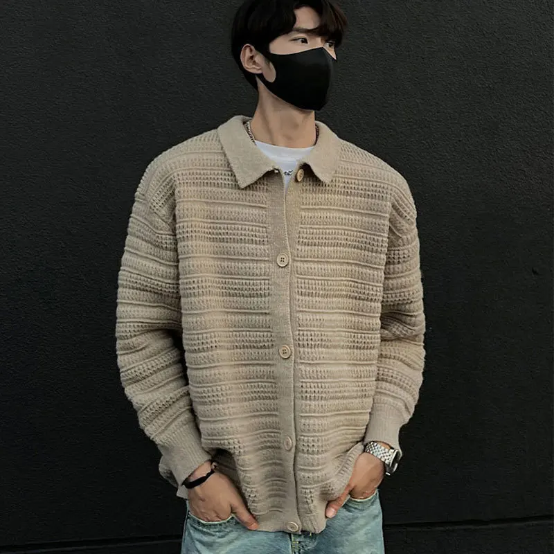 Men's Sweater Long Sleeved Lapel Single Breasted Knitted Sweater Slim Fit Casual Cardigan Sweater Jacket