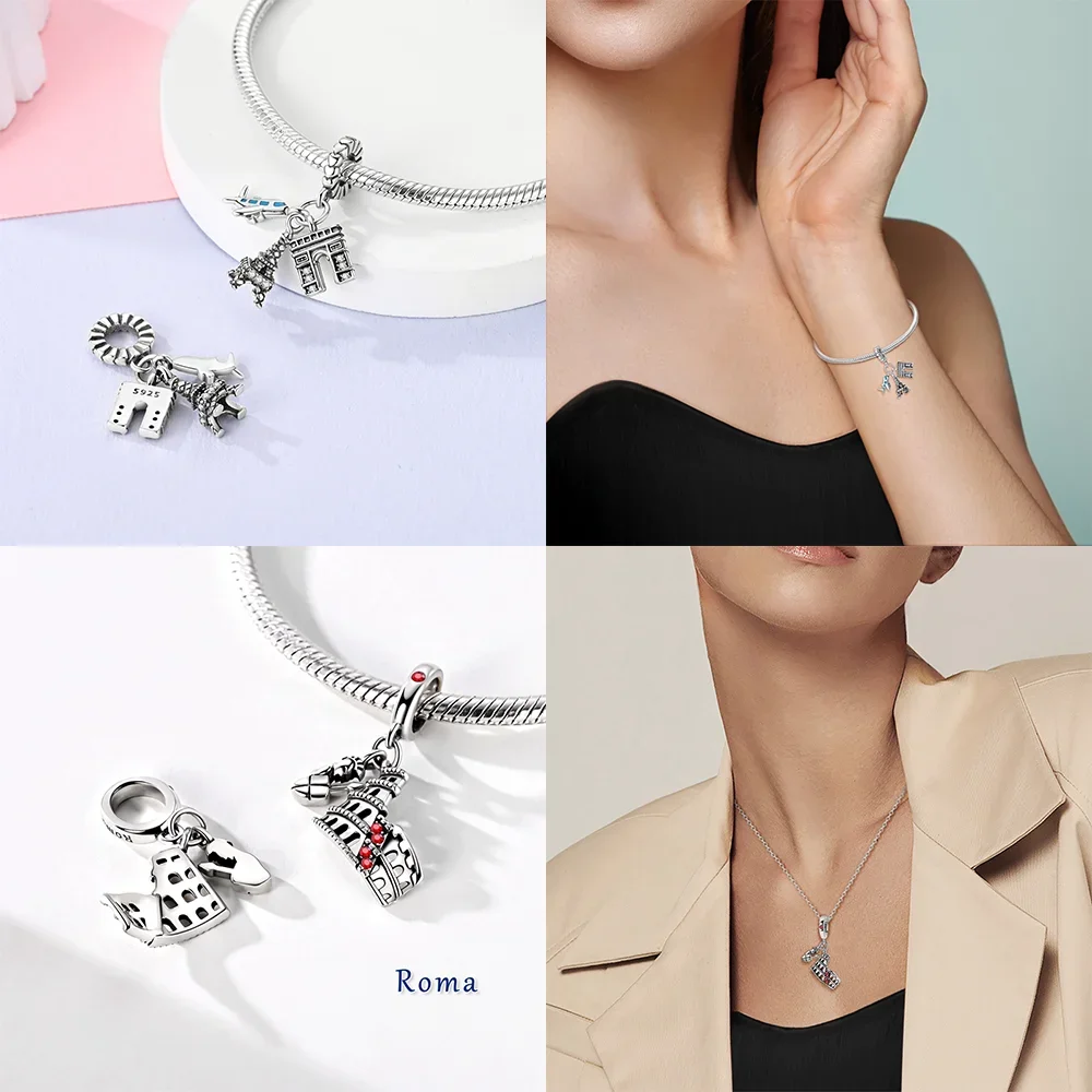 Pyramid Pagoda Colosseum Lighthouse Original Charm Silver Plated Bead Fit Bracelets Bag Keychain Charms Diy Women Gift Accessory