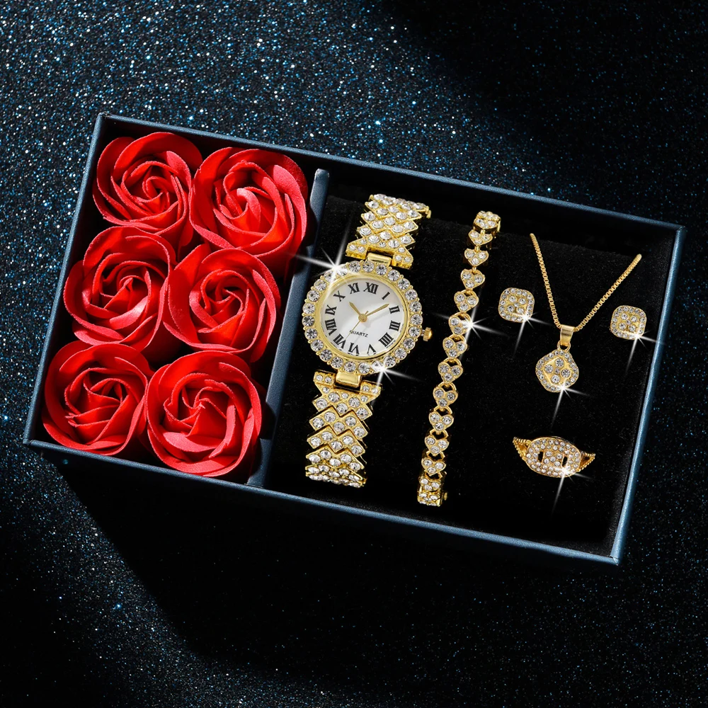 Fashion Luxury Women Gold Watch Bracelet Necklace 6Pcs Set Ladies Diamond Quartz Wristwatch Valentine\'s Day Mother\'s Day Gift