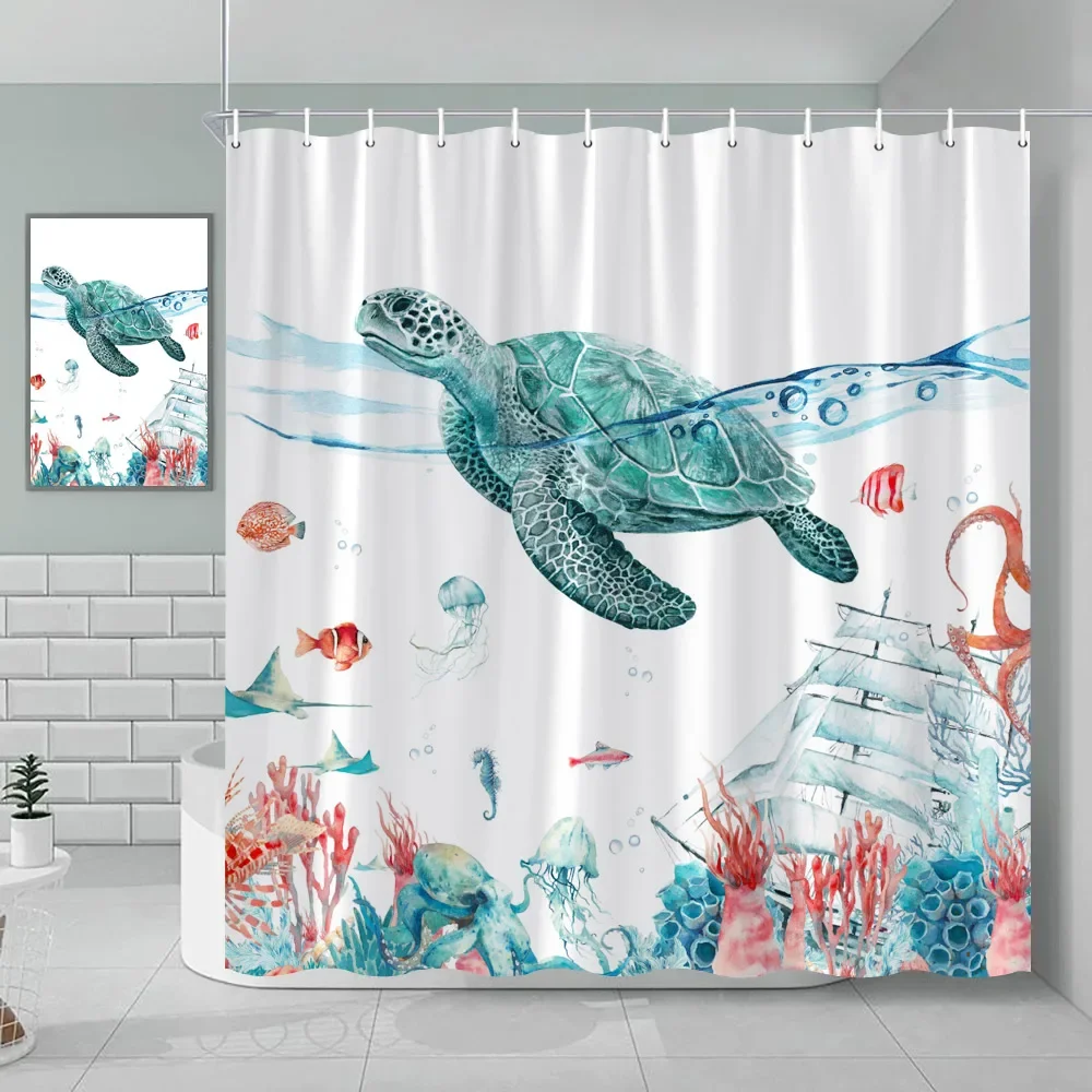 مجموعة ستائر الدش المصنوعة من القماش على شكل سلحفاة البحر الأخضر البحري على الشاطئ، ديكور المحيط الأزرق مع الحلقات والخطافات #2