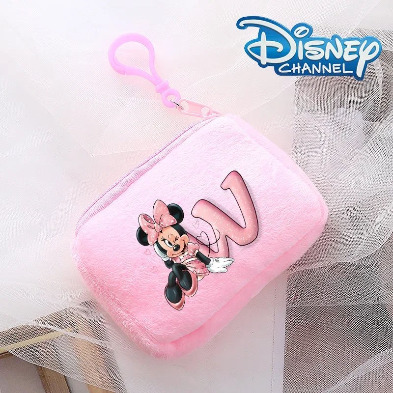 Minnie Mouse Disney Girl Plush Coin Purse Cute Portable Wallet Cartoon Anime Printed Pink Letter ID Card Storage Bag Child Gift