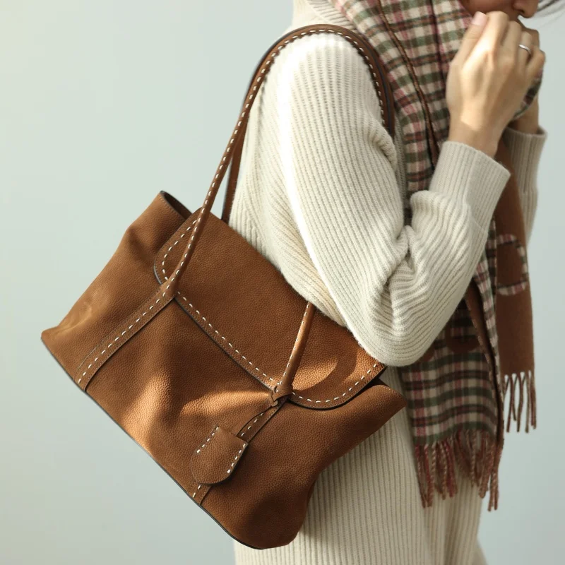 Luxury Women Genuine Leather Tote Simple Design Fashion Handbag Large Capacity Durable Shoulder Bag