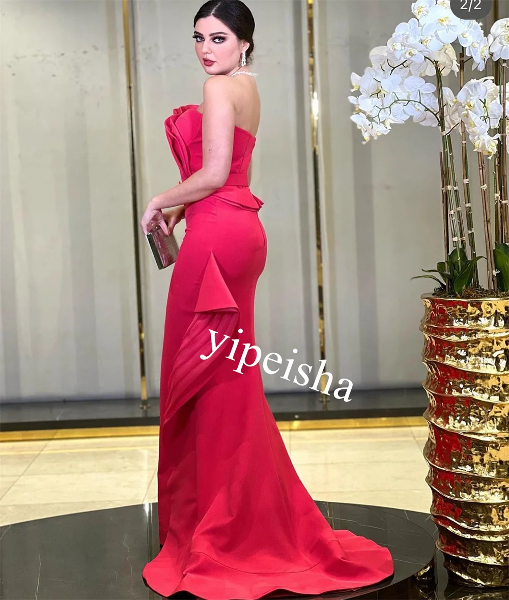 Customized  Evening Jersey Sash Ruffle Clubbing Sheath Strapless Bespoke Occasion Gown Long Dresses Saudi Arabia  