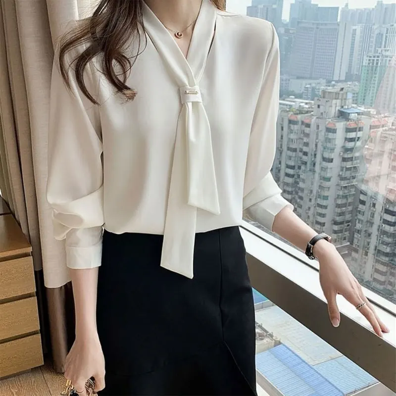 Office Lady Solid Color All-match Elegant V-Neck Shirt Spring Autumn Long Sleeve Stylish Bow Female Korean Loose Chiffon Blouse