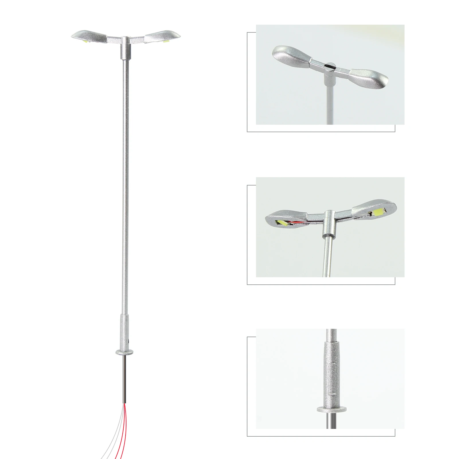 LD13TTWSi Evemodel 10pcs HO TT Scale 1:100 Street Light Bright White Two-heads Metal Silver Lamps with Resistors for 12V