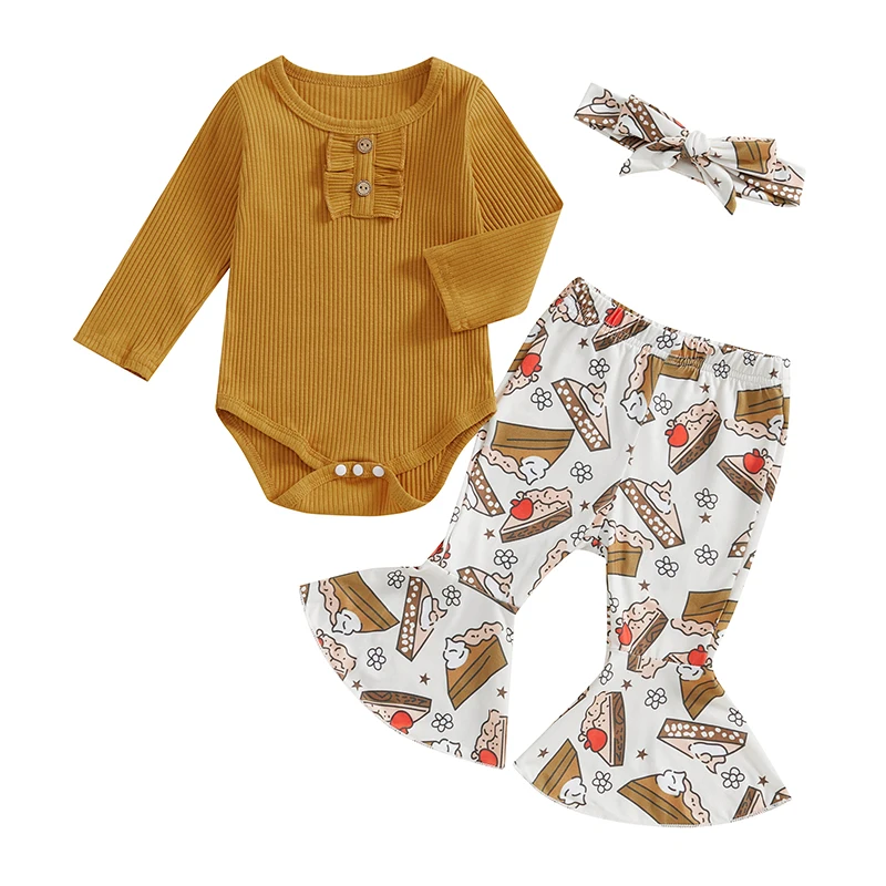 

Baby Girl Thanksgiving Outfit Ruffle Long Sleeve Ribbed Romper Cake Print Elastic Waist Flare Pants Headband