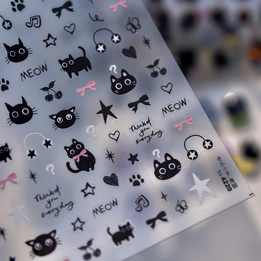 Cute Black Kitty Fish Star Bowknot Meow Hot Stamping Egyptian Cat Paw Prints Totem Pharaoh Flat Nail Art Sticker Manicure Decals