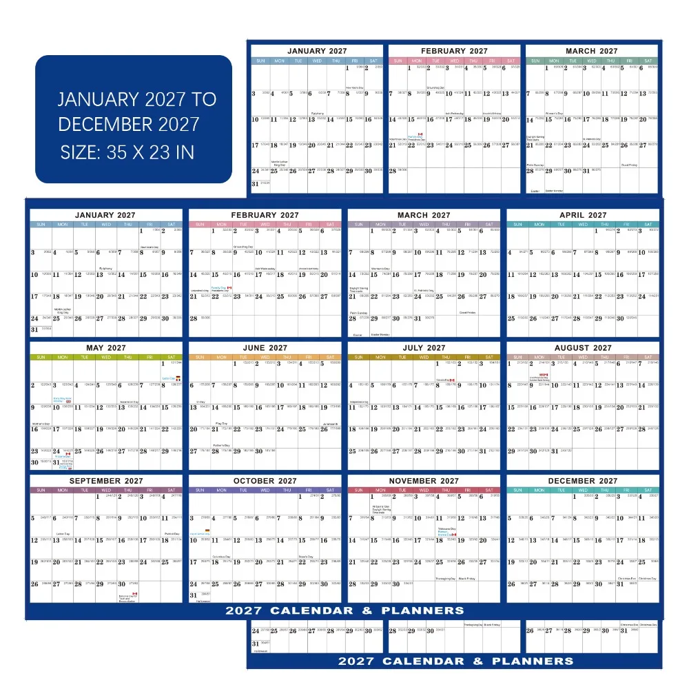 Jan. 2027 - Dec. 2027 Yearly English Planner Calendar Wet & Dry Erasable Double-sided 12 Month Planner Writable Laminated