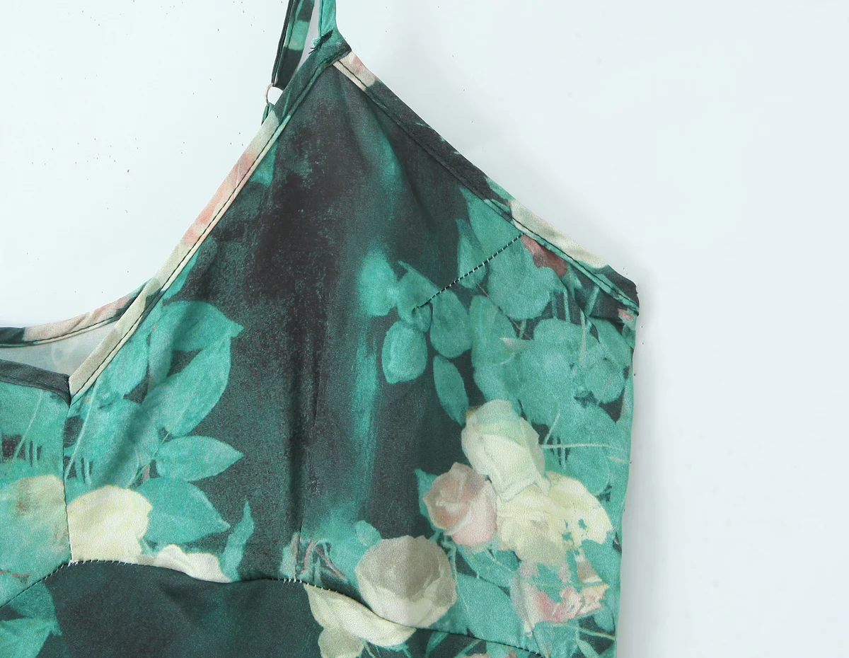 여름 여성 프랑스 스타일 레트로 짙은 녹색 장미 꽃 프린트 슬링 드레스 휴일 A라인 스윙 드레스 여성 의류