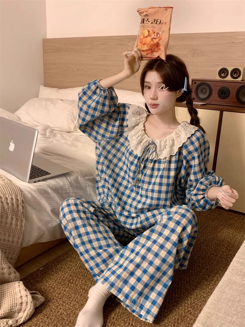 Women's Pajamas New Autumn Spring Long Sleeve Soft Sleepwear Set Grid cartoon pyjama Woman Home Nightwear Set Cardigan