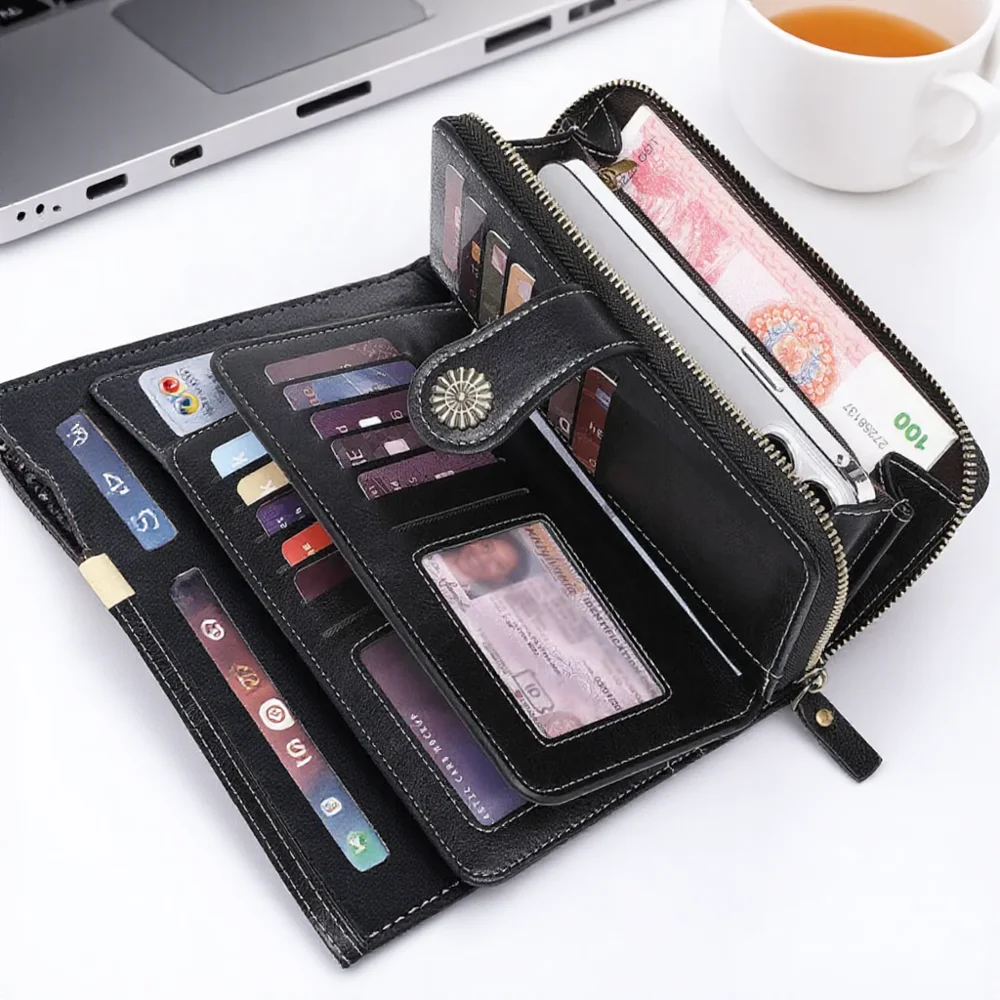 Vintage Women's Long Leather Purse Retro Natural Skin Zipper Coin Bag Card Holder Big Capacity Wallet for Girls