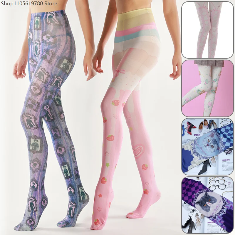 2026 Japanese Harajuku Tattoo Printed Tights Women Gothic Retro JK Lolita Kawaii Cute Pantyhose Fashion Daily Cosplay Accessory