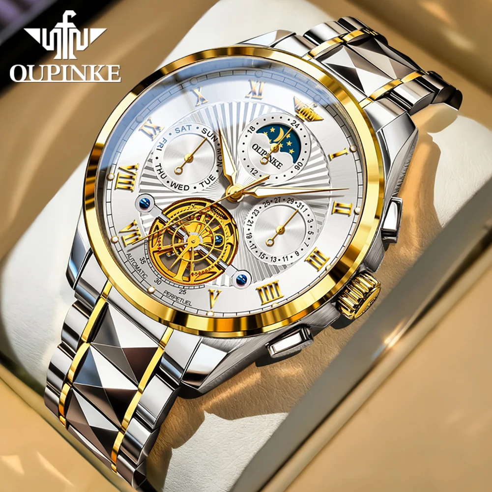 OUPINKE 3322 Heren Mechanisch Horloge Origineel Luxe Wolframstaal Multifunctioneel Skelet Tourbillon Automatisch Horloge voor Heren
