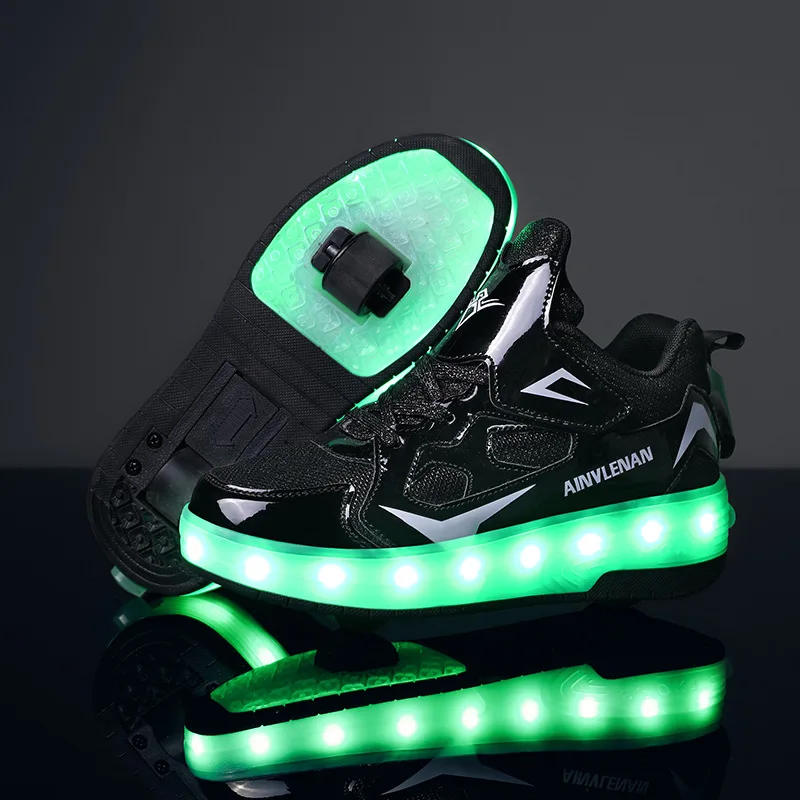 Led Kids 2 Wheels Skates Shoes Roller Outdoor Sneaker Detachable Skating Boys Girl 2 Row Black Gift Sliding Battery Rechargeable