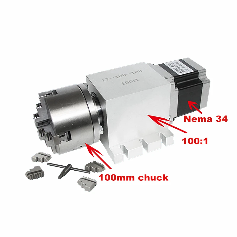Harmonic Drive Reducer 3 4 Jaw 100mm Chuck CNC 4th Axis Rotary Axis Speed Reducing Ratio 100:1 for CNC Router Milling Machine