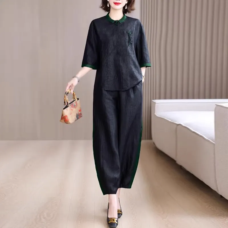 

Новый комплект летней одежды для мамы в китайском стиле, элитные брюки Харлан, накидка для похудения, новый модный девятиточечный свободный крой