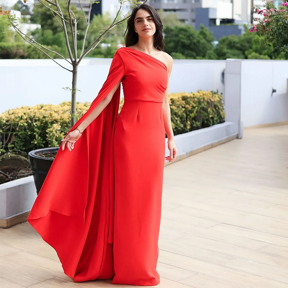 

Elegant Prom Dress Red One Shoulder Draped Back Split Column Prom Gowns Long Cape Sleeve Floor Length Simple Evening Party Dress