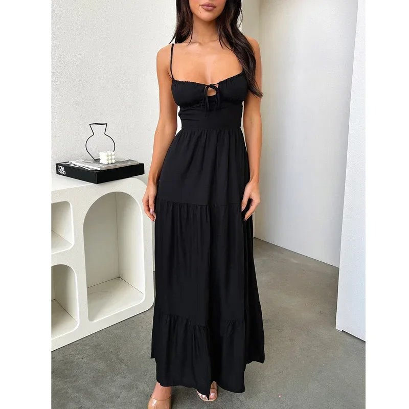 y2k Summer Long Dress Women Solid Color Tie Up Spaghetti Strap Sleeveless Backless Loose Dress Beach Party Dresses