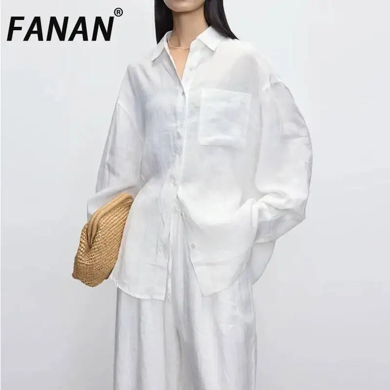 

FANAN 100% Linen White Women's Shirt Loose High-End Feel Loose Long Sleeve 2026 Summer New Top Minimalism Sunscreen Blouses