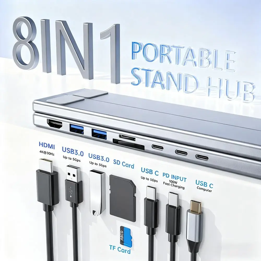 

Универсальный USB-концентратор 8-в-1, HDTV PD, зарядная док-станция USB-C, 4K, многоинтерфейсная подставка для ноутбука