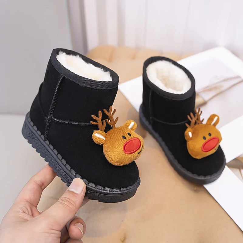 

Новые модные уличные зимние сапоги для девочек, зимние милые детские повседневные хлопковые сапоги с оленями для мальчиков, теплые нескользящие детские плюшевые сапоги